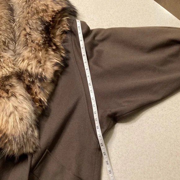 Vintage Gemini Army Green 100% Wool Trench Coat with Raccoon Fur Collar Women XL - Picture 14 of 16